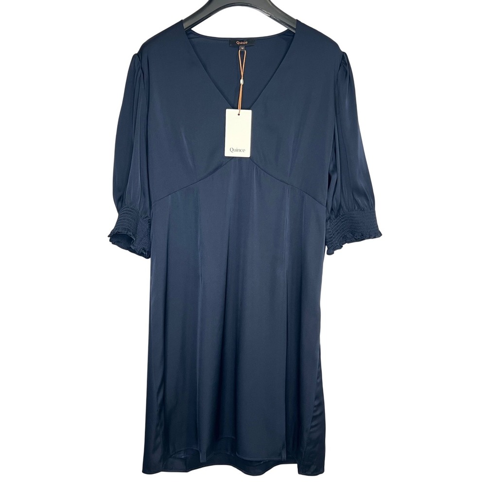 Quince Washable Stretch Silk Puff Sleeve Mini Dress Women M Navy Blue NWT